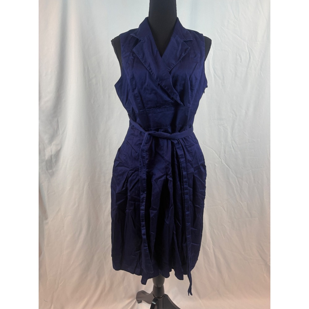Navy‎ Blue Sleeveless Wrap Dress Notched Lapel Pleated Skirt with Belt Pockets